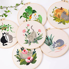 Cat Pattern DIY Embroidery Starter Kits, Including Embroidery Cloth & Thread, Needle, Embroidery Hoop, Instruction Sheet