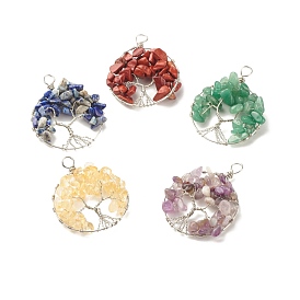 Gros pendentifs en pierre naturelle, torsadé avec du fil de cuivre ton platine, mélangé teint et non teint, plat et circulaire avec arbre de vie