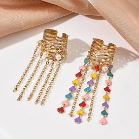 304 Открытые кольца-манжеты из нержавеющей стали с кисточками для женщин, с эмалированными/имитирующими жемчужными бусинами