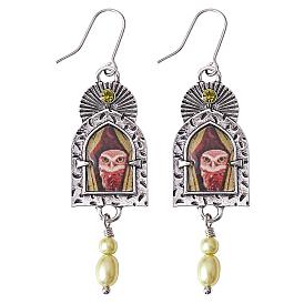 Arch with Owl Dangle Earrings with Enamel, Alloy Jewelry for Women