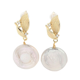 Natural Pearl Ear Studs, with Brass Micro Pave Clear Cubic Zirconia Findings and 925 Sterling Silver Pins, Flat Round