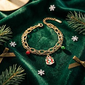 Christmas 304 Stainless Steel Enamel Charm 2-Strand Bracelets, Golden, Christmas Bell Snowflake Box