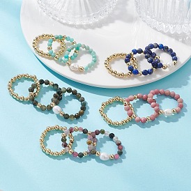 15шт. 5 стили: кольца-манжеты с натуральными драгоценными камнями и культивированным пресноводным жемчугом, с латунной бисера, стрейч-кольца