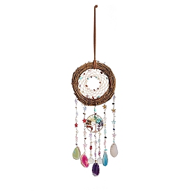 Adorno colgante de pared tipo atrapasoles de mimbre y ratán, Árbol de la vida con fragmentos de piedras preciosas naturales y sintéticas y borla de ágata para la decoración de ventanas de dormitorios y hogares.