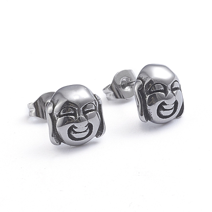 Retro 304 Stainless Steel Stud Earrings, with Ear Nuts, Buddha Head