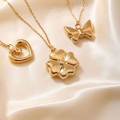 Fashion Elegant Golden Plated 304 Stainless Steel Pendant Necklaces, with Cable Chain for Women Girl, Clover/Buterfly/Heart