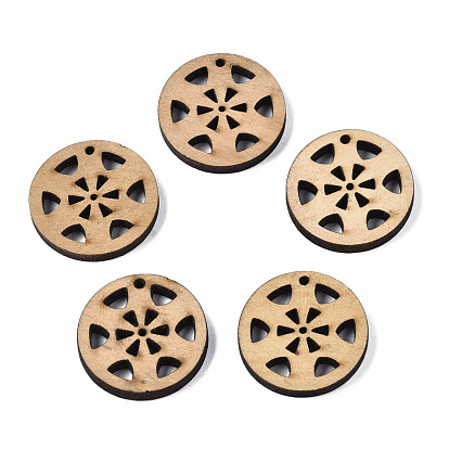 Undyed Natural Wooden Pendants, Flat Round with Flower