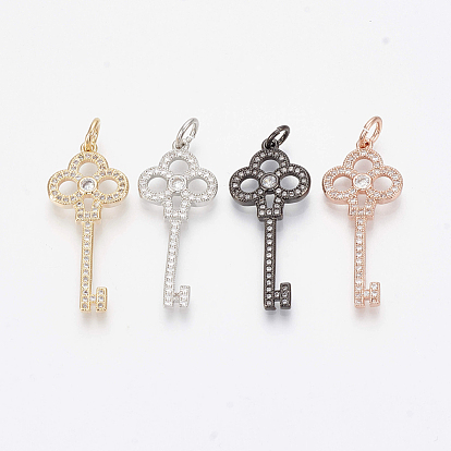 Brass Micro Pave Cubic Zirconia Pendants, with Jump Rings, Key, Clear