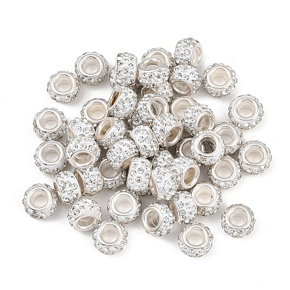 50шт. бусины ручной работы из полимерной глины со стразами европейские, бусины с большим отверстием, рондель, с латунными сердечниками с серебряным покрытием