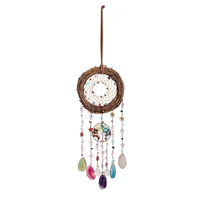 Adorno colgante de pared tipo atrapasoles de mimbre y ratán, Árbol de la vida con fragmentos de piedras preciosas naturales y sintéticas y borla de ágata para la decoración de ventanas de dormitorios y hogares.
