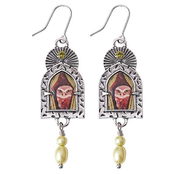 Arch with Owl Dangle Earrings with Enamel, Alloy Jewelry for Women