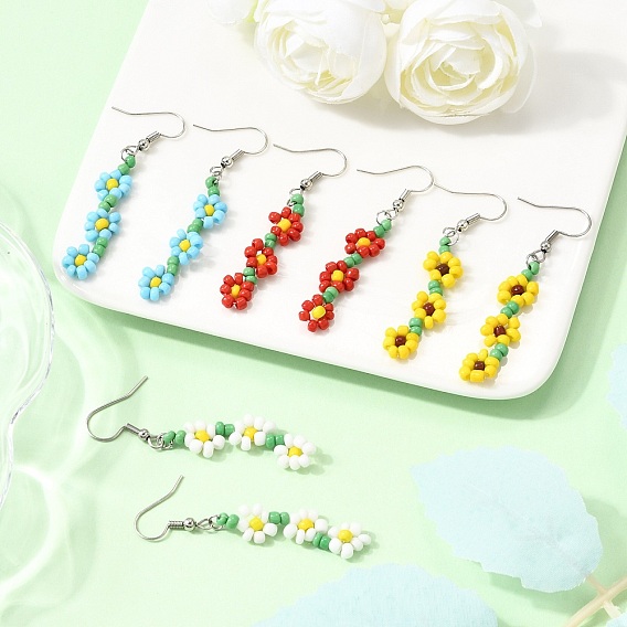 4пара висячих серег из стеклянных бусин ручной работы, цветок, платина