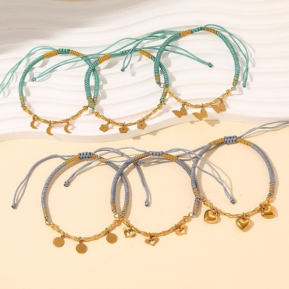 Bracelet bohème ajustable avec breloque en acier inoxydable et cordon en coton tressé, or