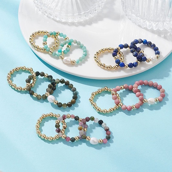 15шт. 5 стили: кольца-манжеты с натуральными драгоценными камнями и культивированным пресноводным жемчугом, с латунной бисера, стрейч-кольца