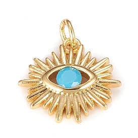 Brass Micro Pave Cubic Zirconia Pendants, Sun with Blue Eye