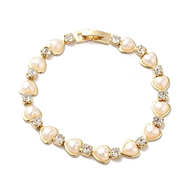 Rack Plating Iron Heart & Square Link Chain Bracelet with Clear Cubic Zirconia, Plastic Pearl Beads Bracelet for Women, Golden