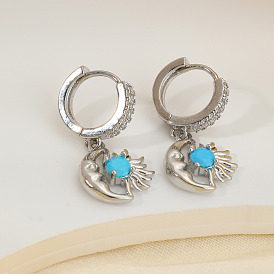 Серьги-кольца из латуни с прозрачным кубическим цирконием и луной и солнцем, серебряные