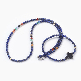 Natural Lapis Lazuli and Agate Necklaces & Bracelets Jewelry Sets, with Synthetic Turquoise Cross Pendants and 304 Stainless Steel Lobster Claw Clasps, Chakra, Stainless Steel Color & Golden