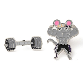 Fitness Mouse Alloy Enamel Pins Brooches, Muscle Mice/Dumbbell, Gray