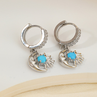 Серьги-кольца из латуни с прозрачным кубическим цирконием и луной и солнцем, серебряные