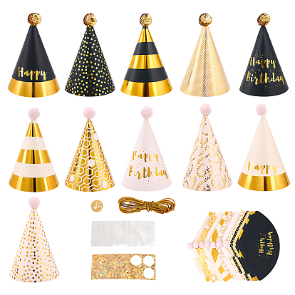 22 Sets 11 Style Paper Party Hats, with Pompon and Polyester, with Pvc Rope, Birthday Gifts, for Girl Birthday Party Supplies