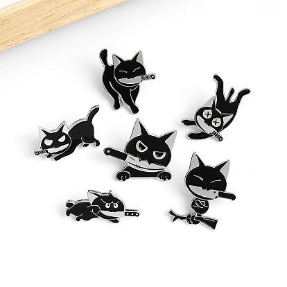 Playful Black Cat Brooch with Knife in Mouth - Unique Cartoon Style Jewelry Accessory