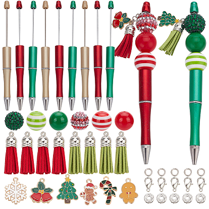 Christmas DIY Beadable Pen Making Kit, Including ABS Plastic Ball-Point Pen, Resin & Acrylic Beads & Alloy Enamel Pendants