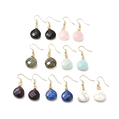 Natural Gemstone Teardrop Dangle Earrings, Golden Brass Jewelry for Women