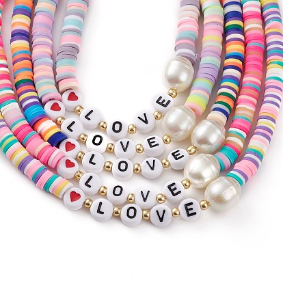 Valentine's Day Rainbow Polymer Clay Heishi Beaded Necklaces, with Acrylic Beads, Glass Seed Beads and Alloy Lobster Claw Clasps, Word Love, Platinum