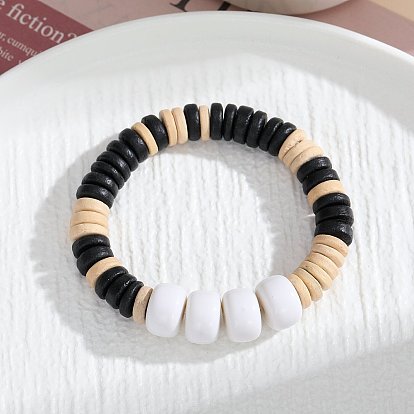 Chic Elastic Bracelet with Wooden Beads and Letter Charms - Trendy Personalized Jewelry