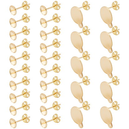 40Pcs 2 Style 304 Stainless Steel Stud Earring Findings, with 20Pcs Brass Ear Nuts