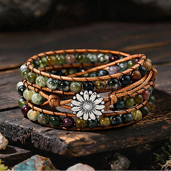 Pulseras ajustables de aleación con forma de flor y cuentas redondas de ágata india natural para mujer., plata antigua
