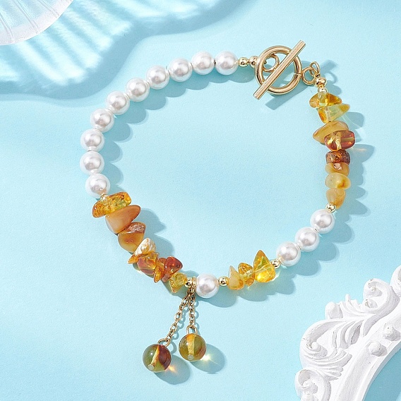 Браслеты из натурального янтаря с подвесками для женщин, Эластичный браслет для женщин из перламутра и натуральных янтарных бусин., круглый и чип, 304 из нержавеющей стали застежками тумблеры