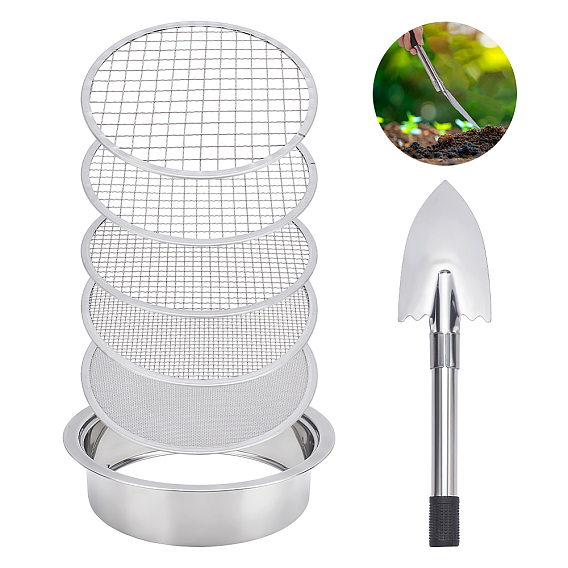 6 шт. Набор сит для просеивания садовой почвы из нержавеющей стали, садовые инструменты, с 1шт. 201 лопатой из нержавеющей стали