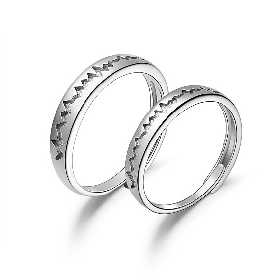 Adjustable 925 Sterling Silver Couple Rings, Heartbeat, 17mm and 18mm