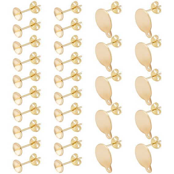 40Pcs 2 Style 304 Stainless Steel Stud Earring Findings, with 20Pcs Brass Ear Nuts