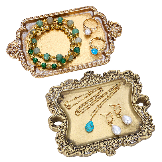 2шт. 2 стили: винтажные прямоугольные подносы из смолы и сплава для демонстрации колец, сережек и ожерелий, прямоугольные