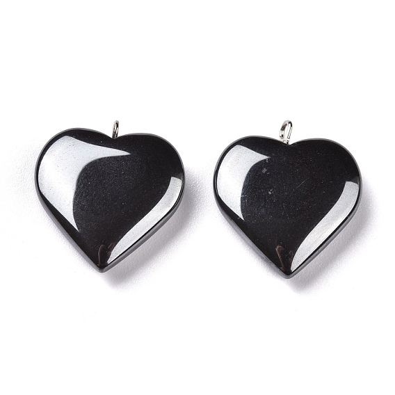 Non-magnetic Synthetic Hematite Pendants, with Platinum Plated Brass Loop, Heart