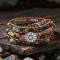 Pulseras ajustables de aleación con forma de flor y cuentas redondas de ágata india natural para mujer., plata antigua