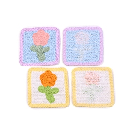 Flower Shape Towel Embroidery Style Cotton Iron on/Sew on Patches, Appliques, Badges, with Gold Rim, for Clothes, Square