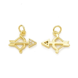 Rack Plating Brass with Cubic Zirconia Charms, with Jump Ring, Cadmium Free & Lead Free, Long-Lasting Plated, Real 18K Gold Plated, Bow & Arrow Charm
