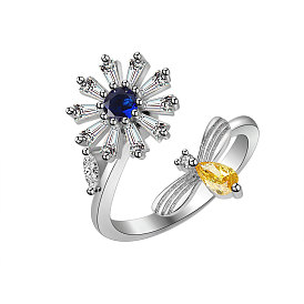 Anillo de diamantes de imitación de latón con apertura ajustable, anillos del manguito, anillo giratorio, flor con abejas para mujer