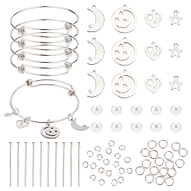 BENECREAT DIY Moon & Star Charm Bangle Making Kit, Include 304 Stainless Steel Pendants & Pins & Jump Rings, 201 Stainless Steel Charms & Bangle Making, Glass Pearl Beads, Stainless Steel Color