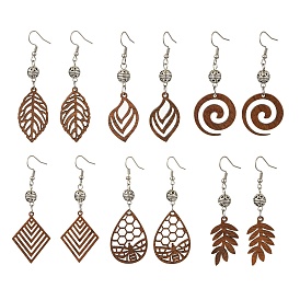 6 Pairs 6 Styles Natural Walnut Wood with Alloy Bead Dangle Earrings for Women, Leaf/Rhombus/Teardrop