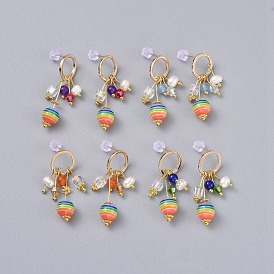Transparent Stripe Resin Beads Dangle Earrings, with Grade A Pearl Beads, Glass Beads, Natural Malaysia Jade Beads and Brass Ear Stud Findings