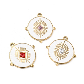 Vacuum Plating 201 Stainless Steel Enamel Pendants, with Rhinestones, Real 18K Gold Plated, Flat Round Charm
