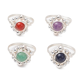 Round Natural Lapis Lazuli & Amethyst & Green Aventurine & Carnelian Finger Ring, Silver Brass Wire Wrap Jewelry for Women, Flower