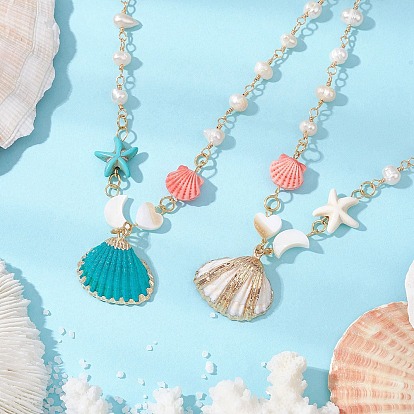 2 шт. 2 цвета летние краска-спрей и гальванопокрытие морские ракушки подвески ожерелья, Ожерелья из бисера ручной работы из латуни и натурального пресноводного жемчуга для женщин, золотые
