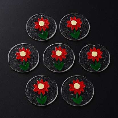 Cellulose Acetate(Resin) Pendants, with Glitter Powder, Flat Round with Flower