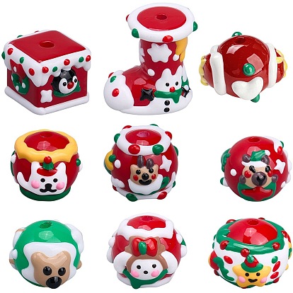 9 Styles Opaque Hand Painted Acrylic Enamel Beads, Christmas Theme Beads, Mixed Color